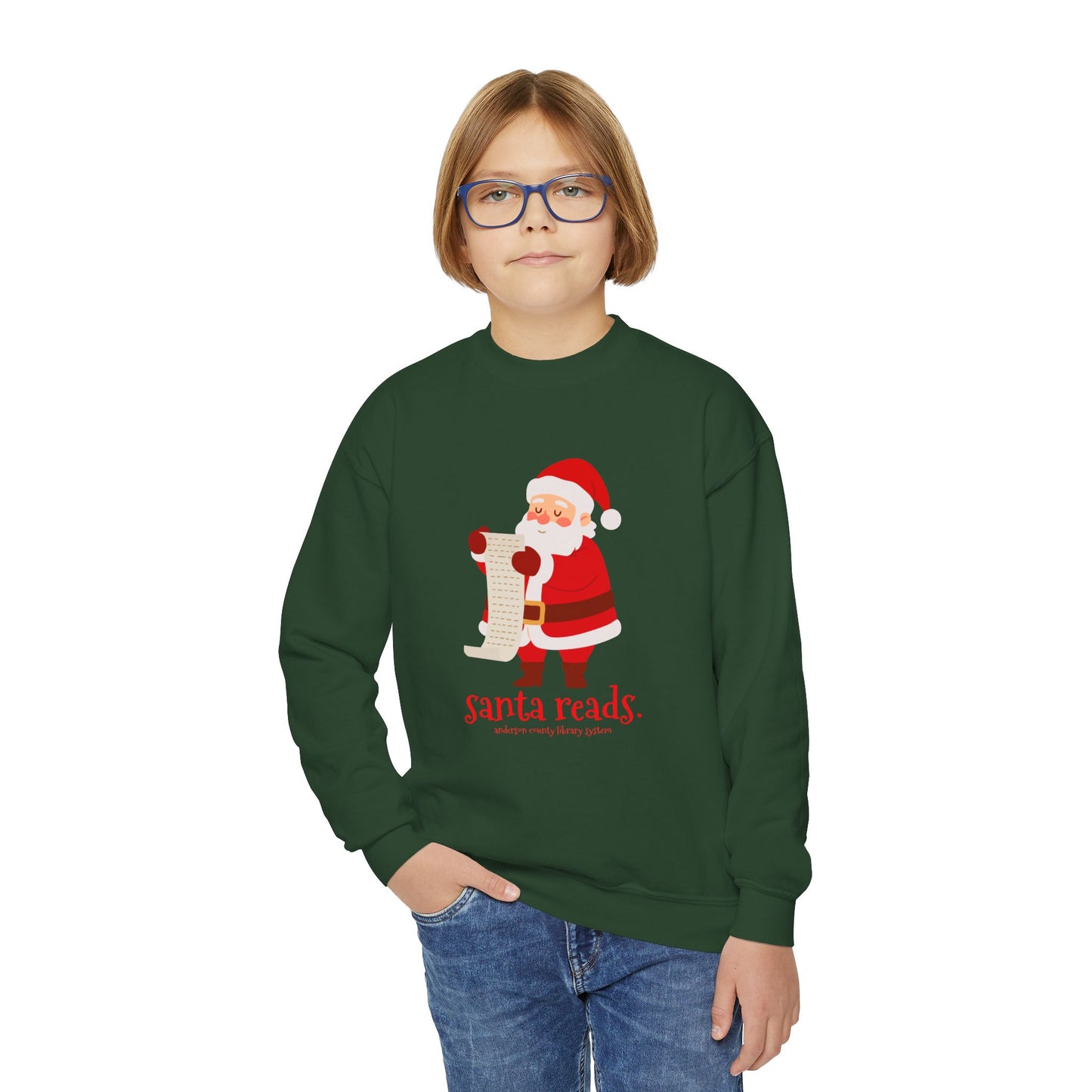 Youth Crewneck Sweatshirt: Santa Reads.